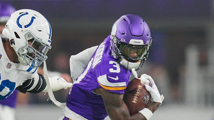 Nov 3, 2024; Minneapolis, Minnesota, USA; Minnesota Vikings wide receiver Jordan Addison (3) runs after the catch against the Indianapolis Colts in the first quarter at U.S. Bank Stadium. Mandatory Credit: Brad Rempel-Imagn Images