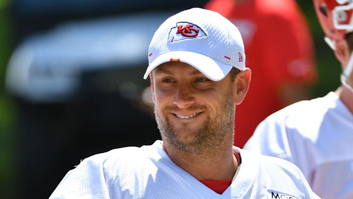 Jul 27, 2019; Kansas City, MO, USA; Kansas City Chiefs punter Dustin Colquitt (2) walks to the field during training camp at Missouri Western State University. Mandatory Credit: Denny Medley-Imagn Images