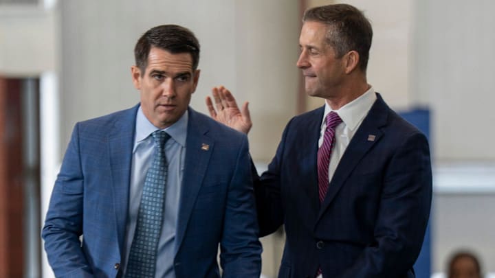 General Manager Joe Schoen, left, and new New Giants Head Coach John Harbaugh stand together during a press conference introducing new Head Coach John Harbaugh at the Quest Diagnostics Training Center in East Rutherford on Tuesday, Jan. 20, 2025.