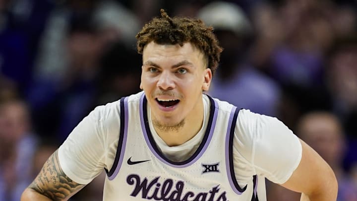 Dec 17, 2024; Kansas City, Missouri, USA; Kansas State Wildcats guard Coleman Hawkins (33) reacts after scoring during the second half against the Drake Bulldogs at T-Mobile Center. Mandatory Credit: Jay Biggerstaff-Imagn Images