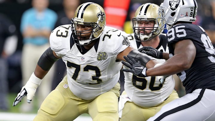 Sep 11, 2016; New Orleans Saints guard Jahri Evans (73) blocks against the Oakland Raiders Sep 11, 2016; New Orleans Saints guard Jahri Evans (73) blocks against the Oakland Raiders