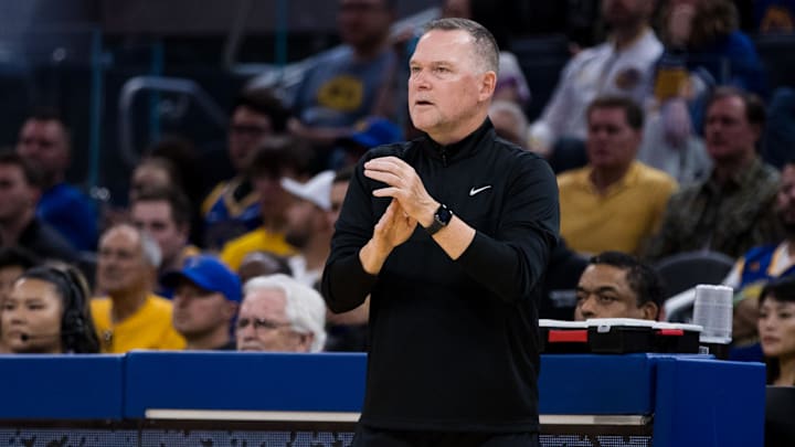 Oct 21, 2022; San Francisco, California, USA; Denver Nuggets head coach Mike Malone reacts during the second half of the game against the Golden State Warriors at Chase Center.