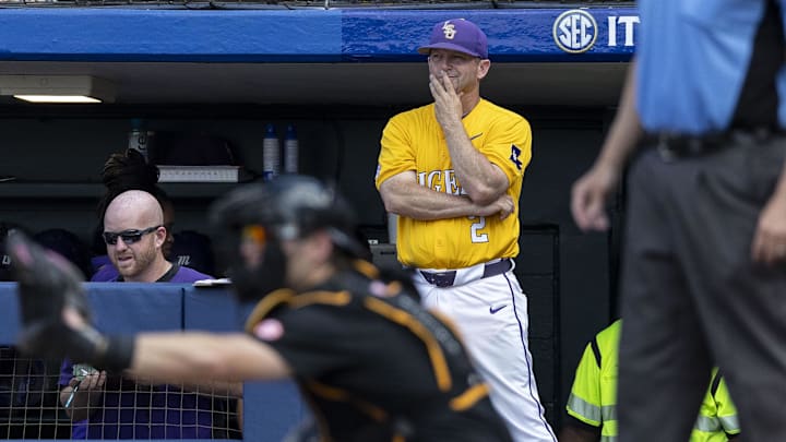 May 26, 2024; Hoover, AL, USA; LSU Tigers head coach Jay Johnson watches the game during the championship game between Tennessee and LSU at the SEC Baseball Tournament at Hoover Metropolitan Stadium. Mandatory Credit: Vasha Hunt-Imagn Images