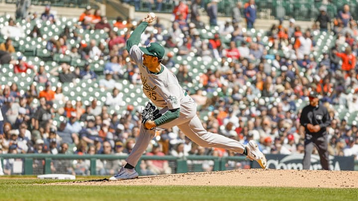Apr 7, 2024; Detroit, Michigan, USA; Oakland Athletics pitcher Joe Boyle (35) pitches during the