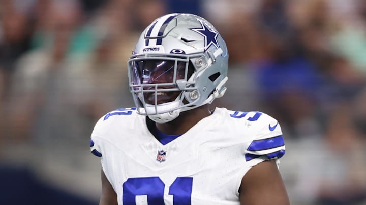 Aug 12, 2023; Arlington, Texas, USA;  Dallas Cowboys defensive end Tyrus Wheat (91) on the line of scrimmage in the game against the Jacksonville Jaguars at AT&T Stadium. Mandatory Credit: Tim Heitman-Imagn Images