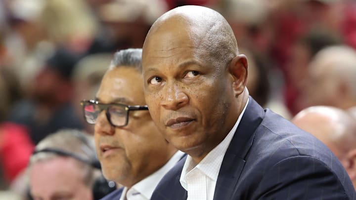 Nov 13, 2024; Fayetteville, Arkansas, USA; Arkansas Razorbacks associate head coach Kenny Payne during the second half against the Troy Trojans at Bud Walton Arena. Arkansas won 65-49. Mandatory Credit: Nelson Chenault-Imagn Images