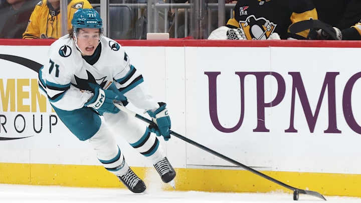 Dec 13, 2025; Pittsburgh, Pennsylvania, USA; San Jose Sharks center Macklin Celebrini (71) skates with the puck against the Pittsburgh Penguins during the first period at PPG Paints Arena. Mandatory Credit: Charles LeClaire-Imagn Images Dec 13, 2025; Pittsburgh, Pennsylvania, USA; San Jose Sharks center Macklin Celebrini (71) skates with the puck against the Pittsburgh Penguins during the first period at PPG Paints Arena. Mandatory Credit: Charles LeClaire-Imagn Images