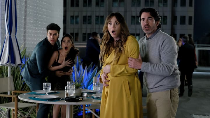 BASED ON A TRUE STORY -- "The Survivor” Episode 104 -- Pictured: (l-r) Sebastian Quinn as Carlos, Priscilla Quintana as Ruby, Kaley Cuoco as Ava, Chris Messina as Nathan -- (Photo by: Erica Parise/PEACOCK)