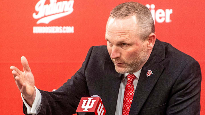 Indiana University men's basketball Head Coach Darian DeVries speaks at the introductory press conference at Simon Skjodt Assembly Hall on Wednesday, March 19, 2025.