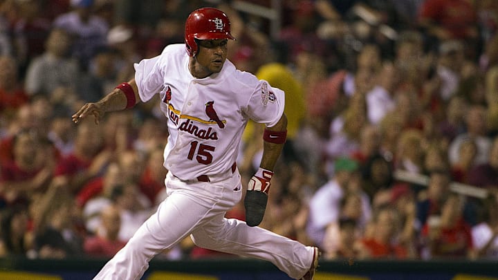 August 22, 2012; St. Louis, MO, USA; St. Louis Cardinals shortstop Rafael Furcal (15) scores against the Houston Astros on a base hit by Cardinals center fielder Jon Jay (not pictured) during the fifth inning at Busch Stadium. Mandatory Credit: Scott Rovak-Imagn Images