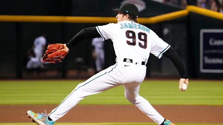 Arizona Diamondbacks relief pitcher Drey Jameson (99) throws to the Philadelphia Phillies in the seventh inning at Chase Field in Phoenix on June 12, 2023. Arizona Diamondbacks relief pitcher Drey Jameson (99) throws to the Philadelphia Phillies in the seventh inning at Chase Field in Phoenix on June 12, 2023.
