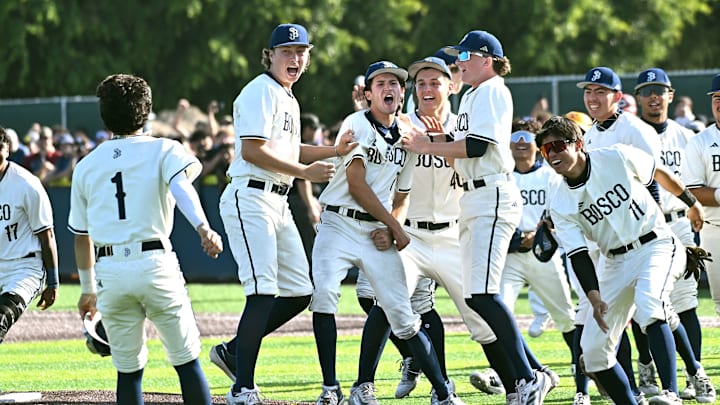 St. John Bosco celebrates its 2-0 win over No. 1 Corona in the CIF Southern Section Division 1 semifinals at home on Tuesday, May 27, 2025.