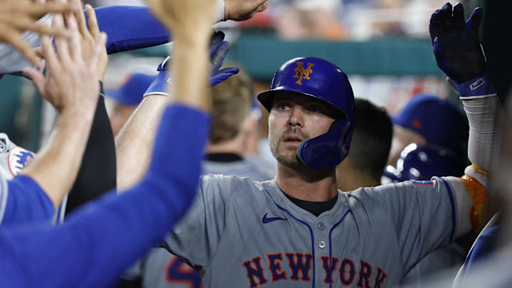 Jun 4, 2024; Washington, District of Columbia, USA; New York Mets first base Pete Alonso (20) celebrates with teammates in the dugout after hitting a home run against the Washington Nationals during the ninth inning at Nationals Park. Mandatory Credit: Geoff Burke-USA TODAY Sports Jun 4, 2024; Washington, District of Columbia, USA; New York Mets first base Pete Alonso (20) celebrates with teammates in the dugout after hitting a home run against the Washington Nationals during the ninth inning at Nationals Park. Mandatory Credit: Geoff Burke-USA TODAY Sports