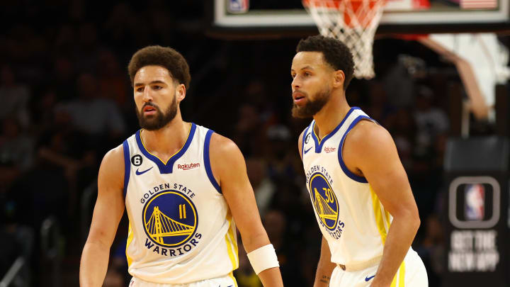 Oct 25, 2022; Phoenix, Arizona, USA; Golden State Warriors guard Stephen Curry (30) and guard Klay Thompson (11) against the Phoenix Suns at Footprint Center. Mandatory Credit: Mark J. Rebilas-USA TODAY Sports