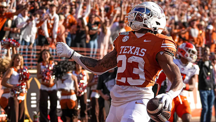 Texas Longhorns running back Jaydon Blue (23) celebrates a touchdown during the game against Clemson in the first round of the College Football Playoffs at Darrell K Royal-Texas Memorial Stadium on Saturday, Dec. 21, 2024. Texas Longhorns running back Jaydon Blue (23) celebrates a touchdown during the game against Clemson in the first round of the College Football Playoffs at Darrell K Royal-Texas Memorial Stadium on Saturday, Dec. 21, 2024.