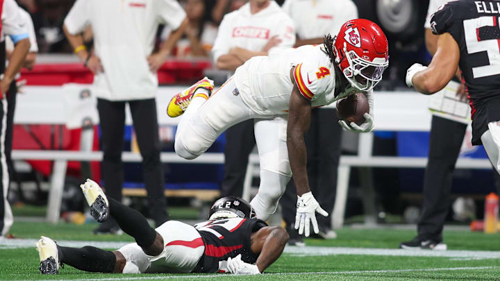 Sep 22, 2024; Atlanta, Georgia, USA; Kansas City Chiefs wide receiver Rashee Rice (4) runs after a catch against the Atlanta Falcons in the second quarter at Mercedes-Benz Stadium. Mandatory Credit: Brett Davis-Imagn Images