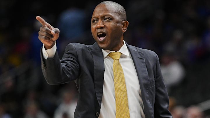 Dec 7, 2025; Kansas City, Missouri, USA; Missouri Tigers head coach Dennis Gates reacts during the second half against the Kansas Jayhawks at T-Mobile Center. Mandatory Credit: Jay Biggerstaff-Imagn Images