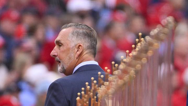 Mar 27, 2025; St. Louis, Missouri, USA;  St. Louis Cardinals president of baseball operations John Mozeliak looks on during opening day ceremonies before the game between the Cardinals and the Minnesota Twins at Busch Stadium. Mandatory Credit: Jeff Curry-Imagn Images