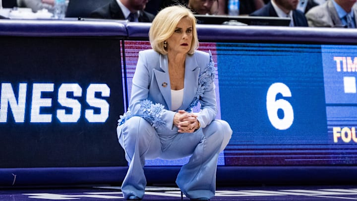 Mar 22, 2025; Baton Rouge, Louisiana, USA; LSU Lady Tigers head coach Kim Mulkey looks on against the San Diego State Aztecs during the first half at Pete Maravich Assembly Center. Mandatory Credit: Stephen Lew-Imagn Images Mar 22, 2025; Baton Rouge, Louisiana, USA; LSU Lady Tigers head coach Kim Mulkey looks on against the San Diego State Aztecs during the first half at Pete Maravich Assembly Center. Mandatory Credit: Stephen Lew-Imagn Images