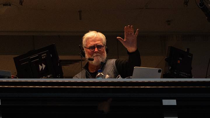 San Francisco, California, USA; San Francisco Giants announcer Mike Krukow waves at fans during the sixth inning against the Arizona Diamondbacks at Oracle Park. Mandatory Credit: Stan Szeto-Imagn Images San Francisco, California, USA; San Francisco Giants announcer Mike Krukow waves at fans during the sixth inning against the Arizona Diamondbacks at Oracle Park. Mandatory Credit: Stan Szeto-Imagn Images