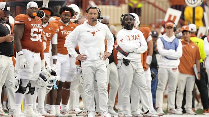 Nov 1, 2025; Austin, Texas, USA; Texas Longhorns head coach Steve Sarkisian observes the second half against the Vanderbilt Commodores at Darrell K Royal-Texas Memorial Stadium. Mandatory Credit: Scott Wachter-Imagn Images Nov 1, 2025; Austin, Texas, USA; Texas Longhorns head coach Steve Sarkisian observes the second half against the Vanderbilt Commodores at Darrell K Royal-Texas Memorial Stadium. Mandatory Credit: Scott Wachter-Imagn Images