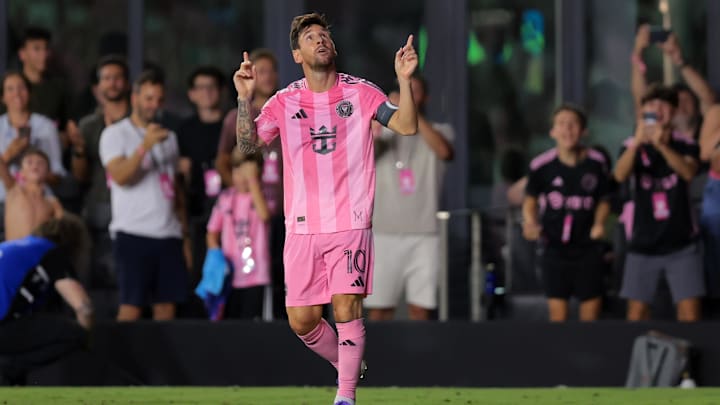 Aug 16, 2025; Fort Lauderdale, Florida, USA; Inter Miami CF forward Lionel Messi (10) celebrates after scoring against Los Angeles Galaxy during the second half at Chase Stadium. 
