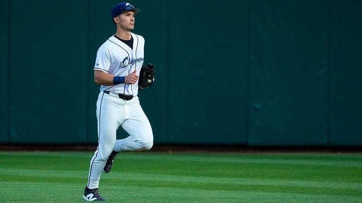 Columbus Clippers Stuart Fairchild (7) runs to the dugout during the home opener against the Indianapolis Indians at Huntington Park on Tuesday, March 31, 2026 in Columbus, Ohio.