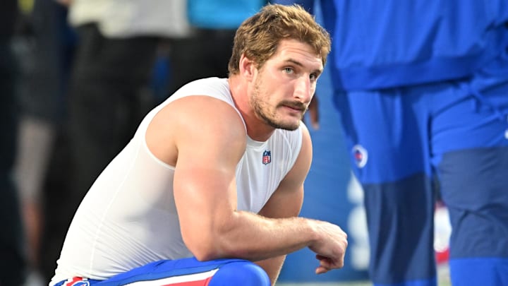 Sep 7, 2025; Orchard Park, New York, USA;  Buffalo Bills defensive end Joey Bosa (97) warms up prior to the game against the Baltimore Ravens at Highmark Stadium. Mandatory Credit: Mark Konezny-Imagn Images