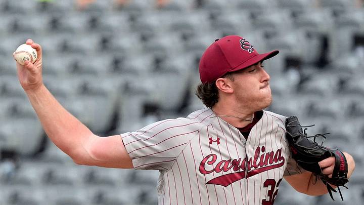 May 20, 2025; Hoover, AL, USA; South Carolina pitcher Brandon Stone (32) pitches against Florida in the first round of the SEC Baseball Tournament at the Hoover Met.