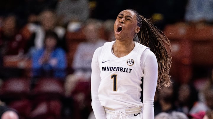 Mar 6, 2025; Greenville, SC, USA; Vanderbilt Commodores guard Mikayla Blakes (1) celebrates against the Tennessee Lady Vols during the first half at Bon Secours Wellness Arena. Mandatory Credit: Scott Kinser-Imagn Images