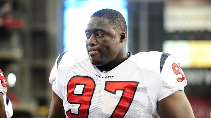 Aug. 14, 2010; Glendale, AZ, USA; Houston Texans defensive tackle Frank Okam against the Arizona Cardinals at University of Phoenix Stadium. Arizona defeated Houston 19-16. Mandatory Credit: Mark J. Rebilas-Imagn Images