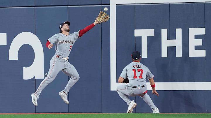 Apr 2, 2025; Toronto, Ontario, CAN; Washington Nationals centre fielder Dylan Crews (3) attempts to catch a fly ball against the Toronto Blue Jays during the second inning at Rogers Centre. Mandatory Credit: Nick Turchiaro-Imagn Images Apr 2, 2025; Toronto, Ontario, CAN; Washington Nationals centre fielder Dylan Crews (3) attempts to catch a fly ball against the Toronto Blue Jays during the second inning at Rogers Centre. Mandatory Credit: Nick Turchiaro-Imagn Images
