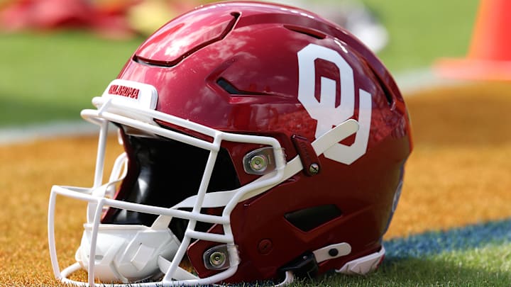 Sep 28, 2024; Auburn, Alabama, USA;  An Oklahoma Sooners helmet is shown before the game against the Auburn Tigers at Jordan-Hare Stadium. Mandatory Credit: John Reed-Imagn Images