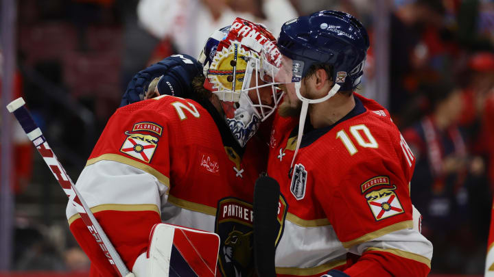 Jun 8, 2024; Sunrise, Florida, USA; forward Vladimir Tarasenko (10) celebrates the win with goaltender Sergei Bobrovsky (72) against the Edmonton Oilers after the third period in game one of the 2024 Stanley Cup Final at Amerant Bank Arena. Mandatory Credit: Sam Navarro-USA TODAY Sports