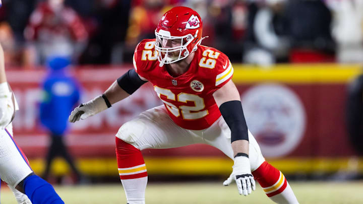 Jan 26, 2025; Kansas City, MO, USA; Kansas City Chiefs guard Joe Thuney (62) against the Buffalo Bills in the AFC Championship game at GEHA Field at Arrowhead Stadium. Mandatory Credit: Mark J. Rebilas-Imagn Images
