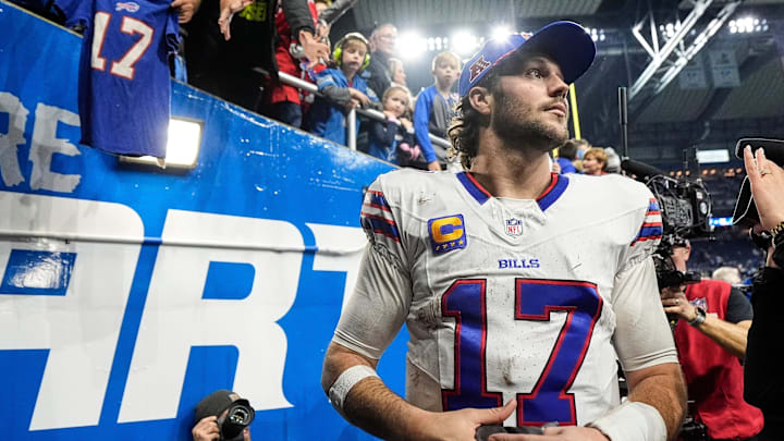 Buffalo Bills quarterback Josh Allen (17) exits the field after 48-42 win over Detroit Lions at Ford Field in Detroit on Sunday, Dec. 15, 2024. Buffalo Bills quarterback Josh Allen (17) exits the field after 48-42 win over Detroit Lions at Ford Field in Detroit on Sunday, Dec. 15, 2024.