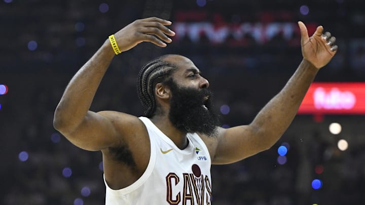 Apr 29, 2026; Cleveland, Ohio, USA; Cleveland Cavaliers guard James Harden (1) celebrates against the Toronto Raptors in the third quarter of game five of the first round of the 2026 NBA Playoffs at Rocket Arena. Mandatory Credit: David Richard-Imagn Images