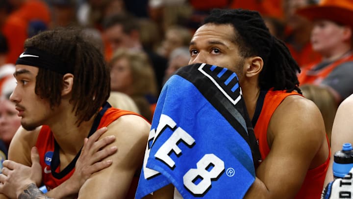 Mar 30, 2024; Boston, MA, USA; Illinois Fighting Illini forward Ty Rodgers (20) reacts against the Connecticut Huskies in the finals of the East Regional of the 2024 NCAA Tournament at TD Garden. Mandatory Credit: Winslow Townson-Imagn Images