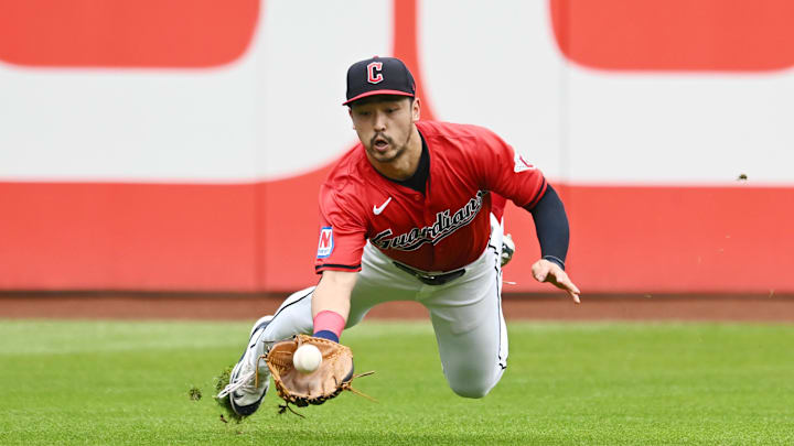 Aug 25, 2024; Cleveland, Ohio, USA; Cleveland Guardians left fielder Steven Kwan (38) catches a ball hit by Texas Rangers third baseman Ezequiel Duran (not pictured) during the third inning at Progressive Field. Mandatory Credit: Ken Blaze-Imagn Images Aug 25, 2024; Cleveland, Ohio, USA; Cleveland Guardians left fielder Steven Kwan (38) catches a ball hit by Texas Rangers third baseman Ezequiel Duran (not pictured) during the third inning at Progressive Field. Mandatory Credit: Ken Blaze-Imagn Images