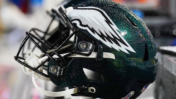 Nov 20, 2023; Kansas City, Missouri, USA; A general view of a Philadelphia Eagles helmet against the Kansas City Chiefs prior to a game at GEHA Field at Arrowhead Stadium. Mandatory Credit: Denny Medley-Imagn Images
