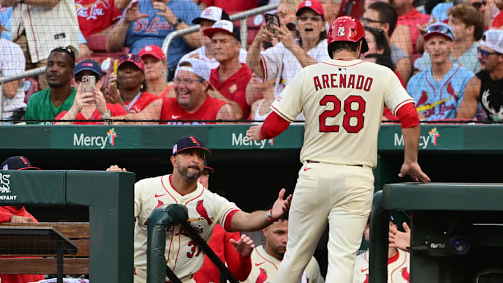 Jul 26, 2025; St. Louis, Missouri, USA; St. Louis Cardinals manager Oliver Marmol (37, left in dugout) congratulates St. Louis Cardinals third baseman Nolan Arenado (28) after he scored in the second inning against the San Diego Padres at Busch Stadium. Mandatory Credit: Tim Vizer-Imagn Images Jul 26, 2025; St. Louis, Missouri, USA; St. Louis Cardinals manager Oliver Marmol (37, left in dugout) congratulates St. Louis Cardinals third baseman Nolan Arenado (28) after he scored in the second inning against the San Diego Padres at Busch Stadium. Mandatory Credit: Tim Vizer-Imagn Images