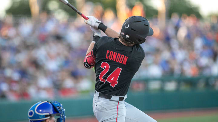 Georgia's first baseman Charlie Condon (24) with a home run on the Gators, Friday, April 14, 2023, at Condron Family Baseball Park in Gainesville, Florida. The Gators lost Game 1 of the weekend series to the Bulldogs 13-11. [Cyndi Chambers/ Gainesville Sun] 2023

Gator Baseball April 14 2023 Condron Family Ballpark Georgia Bulldogs