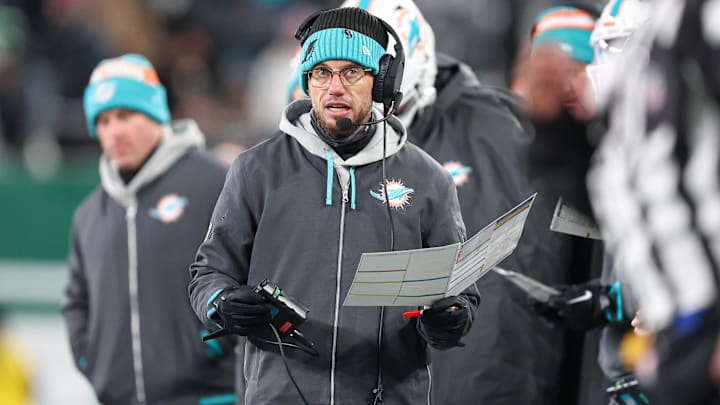 Miami Dolphins head coach Mike McDaniel looks on during the first half against the New York Jets at MetLife Stadium in the 2024 season finale.