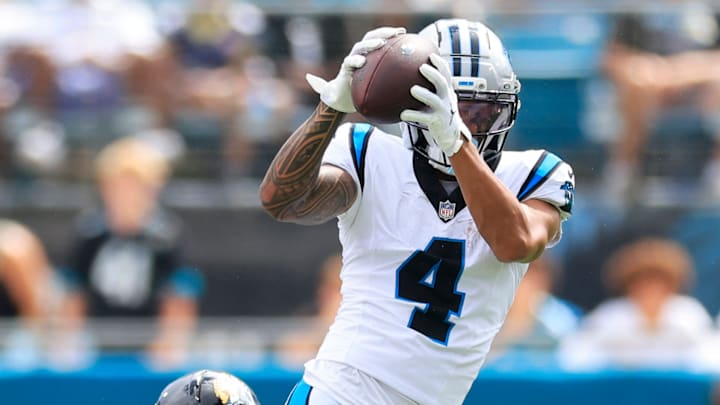 Jacksonville Jaguars cornerback Tyson Campbell (3) wraps up with Carolina Panthers wide receiver Tetairoa McMillan (4) on a play that was called back during the second quarter of an NFL football matchup at EverBank Stadium, Sunday, Sept. 7, 2025 in Jacksonville, Fla. [Corey Perrine/Florida Times-Union]