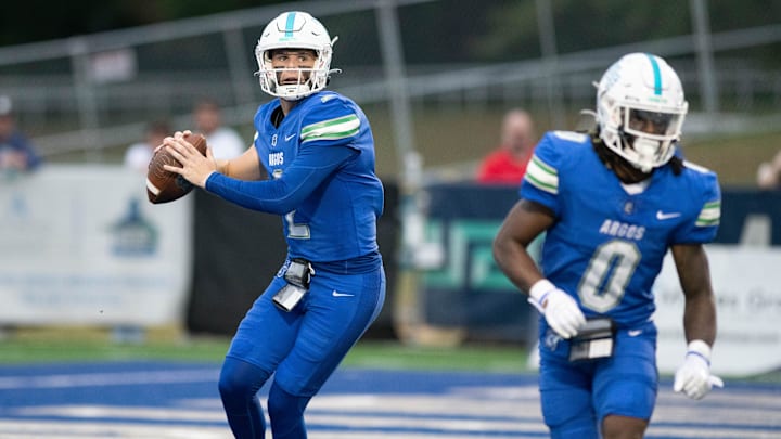 Quarterback Marcus Stokes (2) looks to pass from his own end zone during the McKendree vs UWF football game at the University of West Florida in Pensacola on Thursday, Sept. 5, 2024.