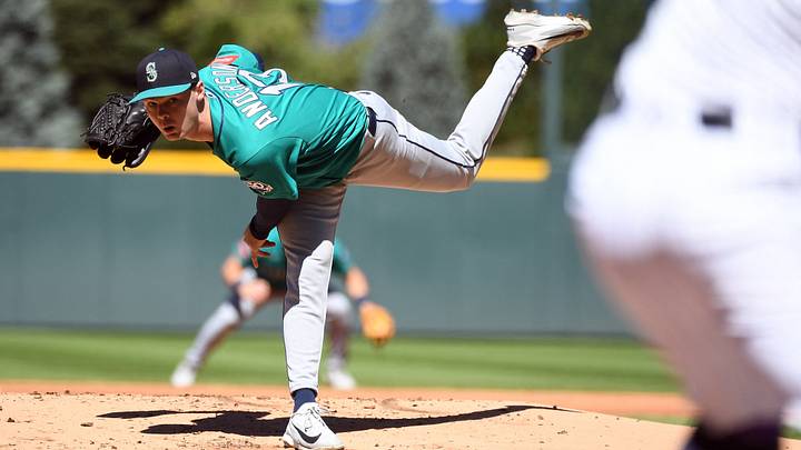 Sep 20, 2026; Denver, Colorado, USA; Seattle Mariners pitcher Kade Anderson (13) pitches in the first inning against the Colorado Rockies at Coors Field. Mandatory Credit: Christopher Hanewinckel-Imagn Images