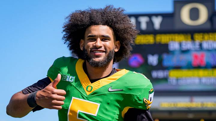 Oregon quarterback Dante Moore walks off the field during the Oregon Ducks annual spring game on April 25, 2026 at Autzen Stadium in Eugene, Oregon. Oregon quarterback Dante Moore walks off the field during the Oregon Ducks annual spring game on April 25, 2026 at Autzen Stadium in Eugene, Oregon.