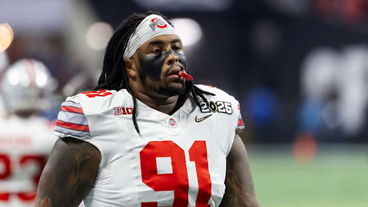 Jan 20, 2025; Atlanta, GA, USA; Ohio State Buckeyes defensive tackle Tyleik Williams (91) against the Notre Dame Fighting Irish during the CFP National Championship college football game at Mercedes-Benz Stadium.