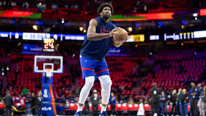Apr 25, 2024; Philadelphia, Pennsylvania, USA; Philadelphia 76ers center Joel Embiid warms up before