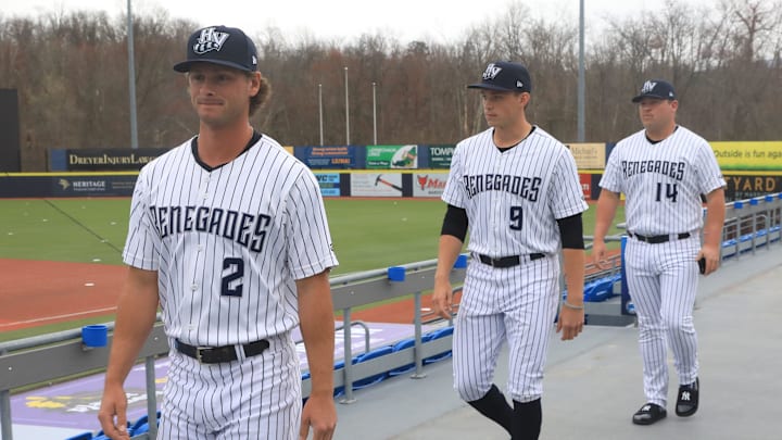 Hudson Valley Renegades players, from left, Ben Cowles, Ben Rice and Spencer Henson arrive for media